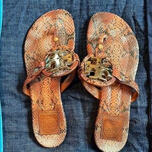 Tory Burch Snakeskin Sandals with Gold Logo